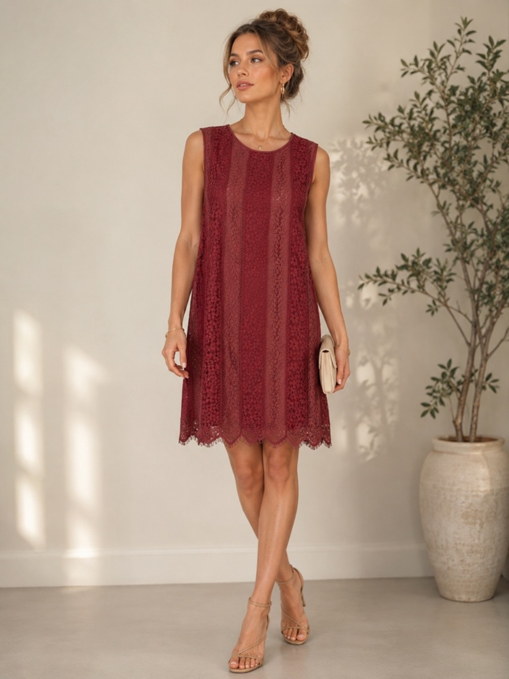 Max Studio M.S.S.P Lace Stripe Floral Midi Dress​ NWT Size Small Burnt Coral Red